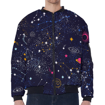 Zodiac Star Signs Galaxy Space Print Zip Sleeve Bomber Jacket