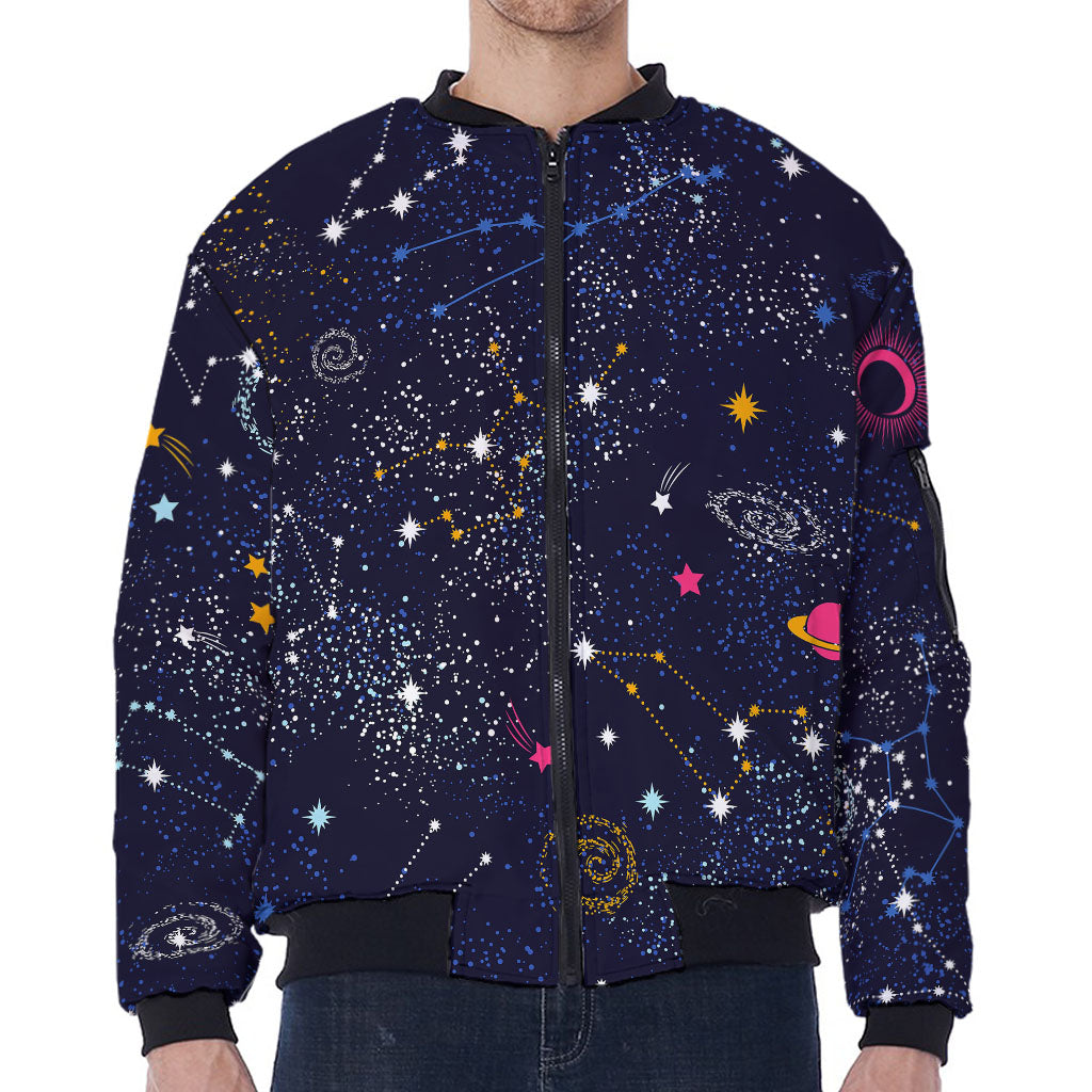 Zodiac Star Signs Galaxy Space Print Zip Sleeve Bomber Jacket
