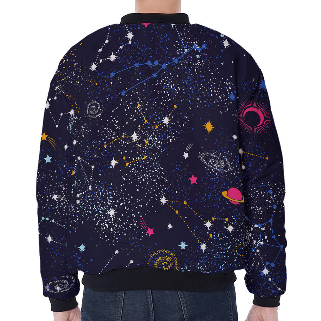 Zodiac Star Signs Galaxy Space Print Zip Sleeve Bomber Jacket
