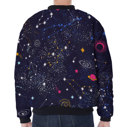 Zodiac Star Signs Galaxy Space Print Zip Sleeve Bomber Jacket