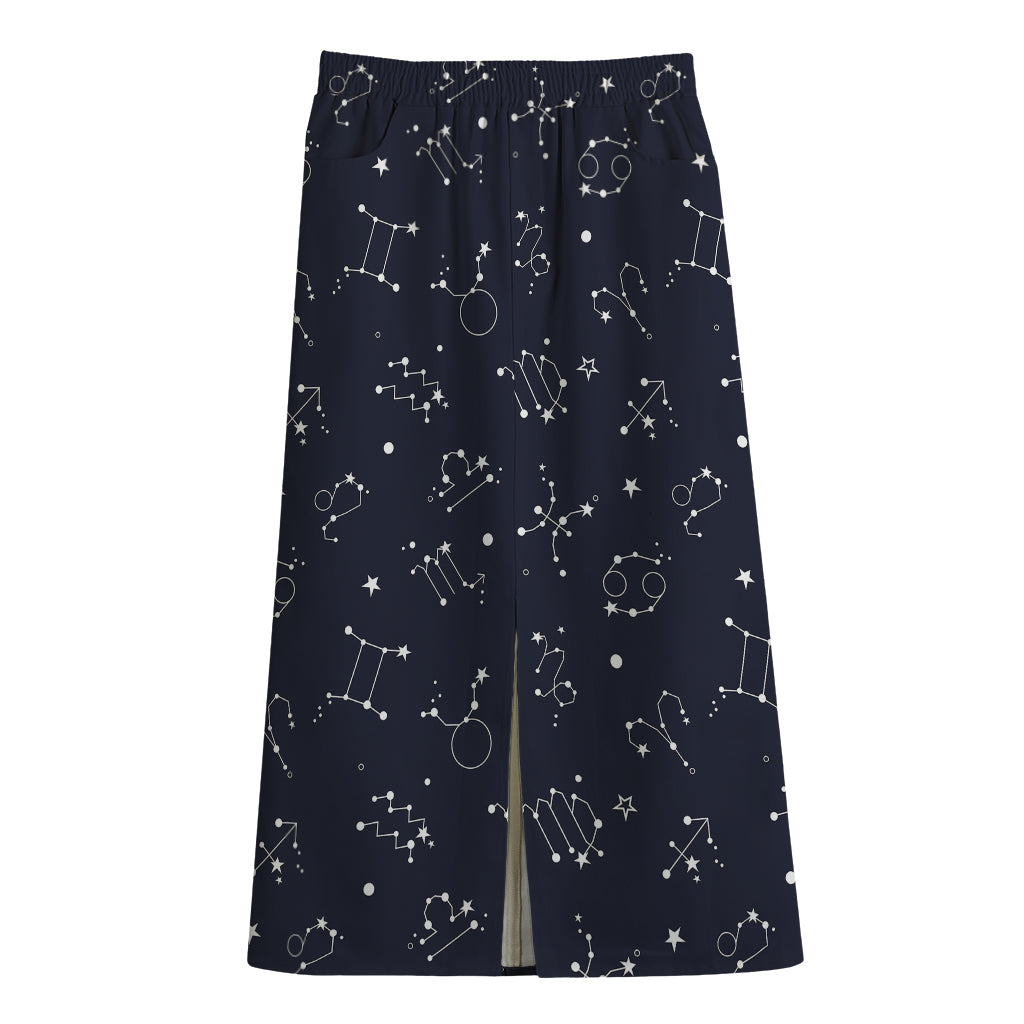 Zodiac Star Signs Pattern Print Cotton Front Slit Maxi Skirt
