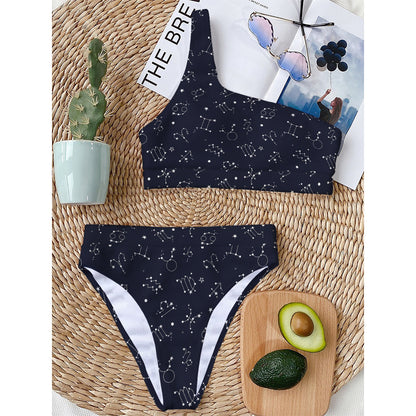 Zodiac Star Signs Pattern Print One Shoulder Bikini Top