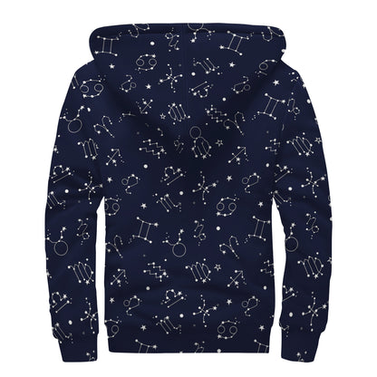 Zodiac Star Signs Pattern Print Sherpa Lined Zip Up Hoodie