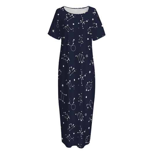 Zodiac Star Signs Pattern Print Short Sleeve Long Nightdress