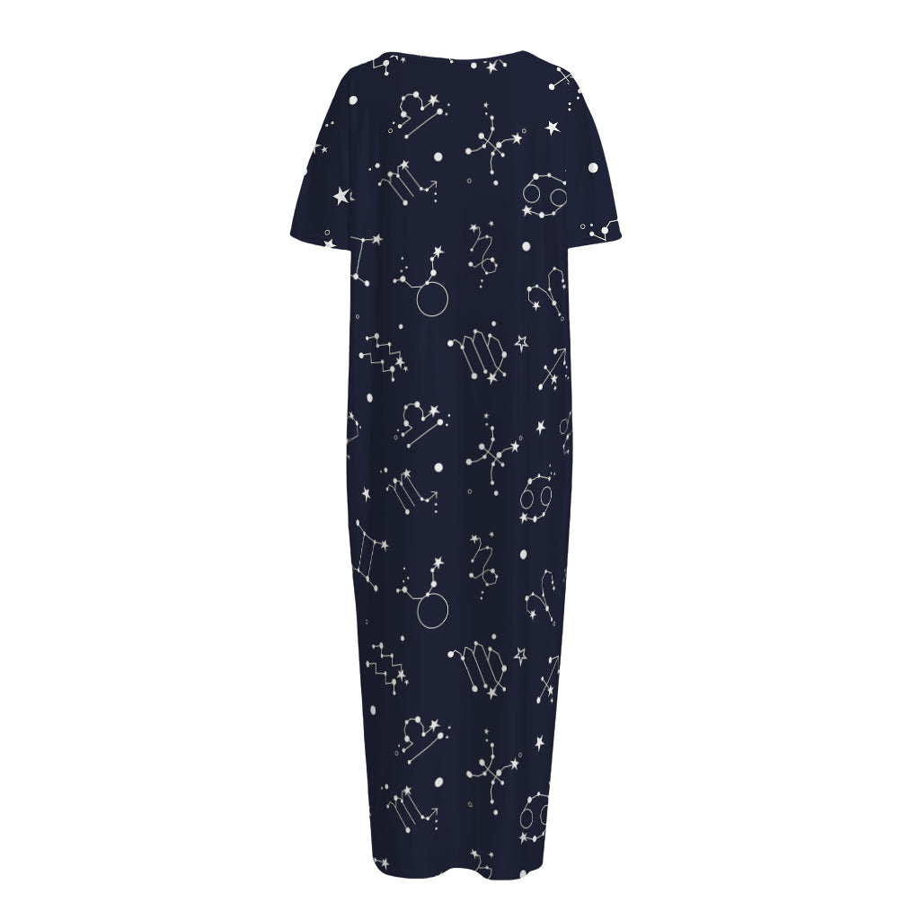 Zodiac Star Signs Pattern Print Short Sleeve Long Nightdress