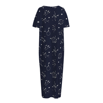 Zodiac Star Signs Pattern Print Short Sleeve Long Nightdress