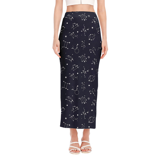 Zodiac Star Signs Pattern Print Side Slit Maxi Skirt
