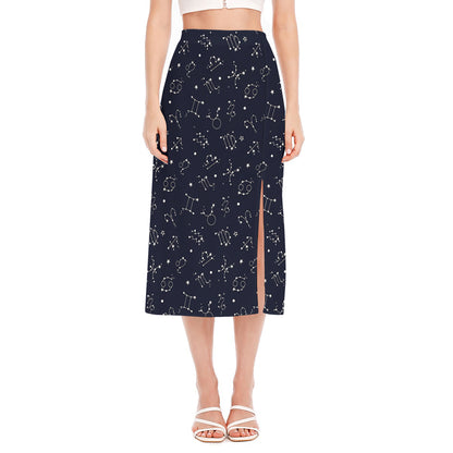 Zodiac Star Signs Pattern Print Side Slit Midi Skirt