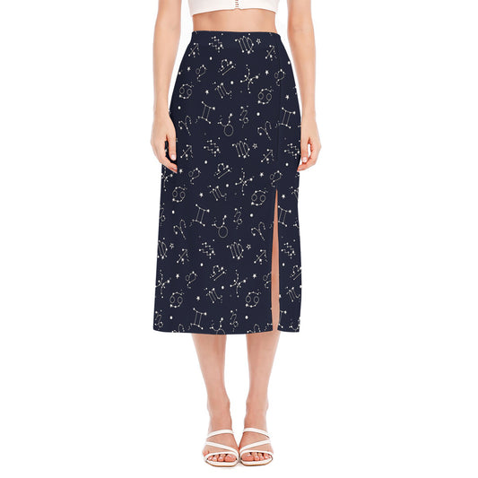 Zodiac Star Signs Pattern Print Side Slit Midi Skirt