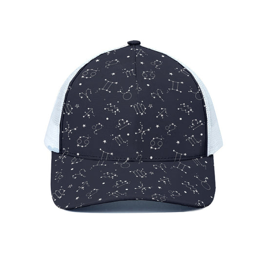 Zodiac Star Signs Pattern Print White Mesh Trucker Cap