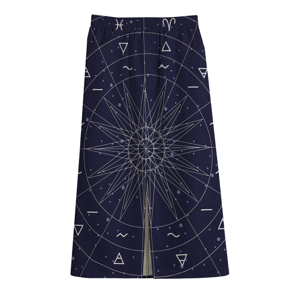 Zodiac Symbols Circle Print Cotton Front Slit Maxi Skirt