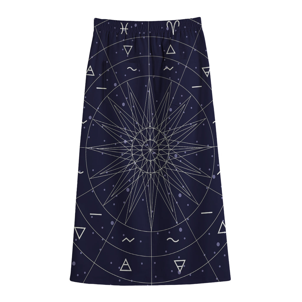 Zodiac Symbols Circle Print Cotton Front Slit Maxi Skirt