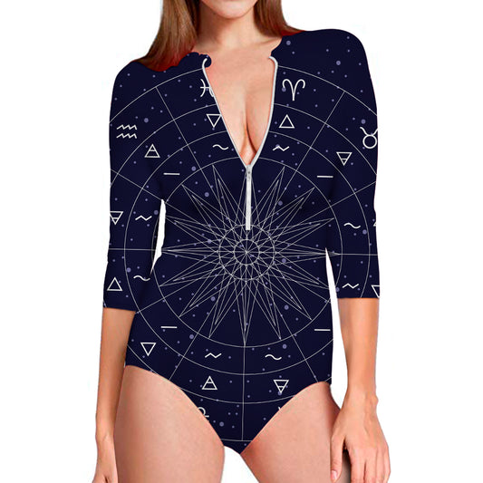Zodiac Symbols Circle Print Long Sleeve Swimsuit