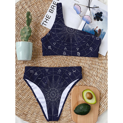 Zodiac Symbols Circle Print One Shoulder Bikini Top