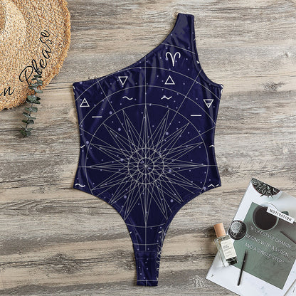 Zodiac Symbols Circle Print One Shoulder Bodysuit