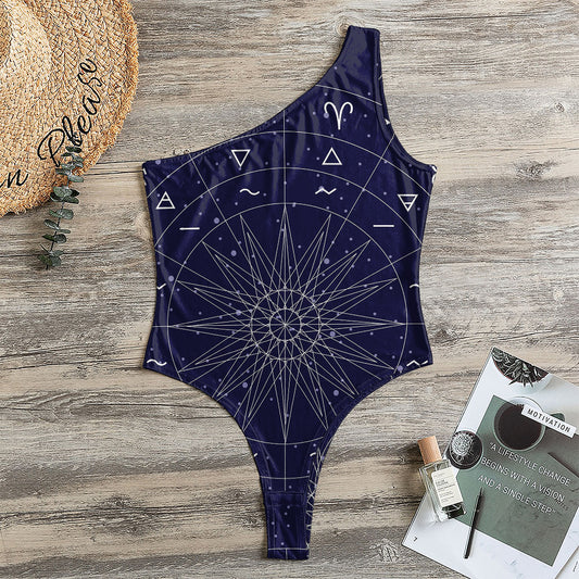 Zodiac Symbols Circle Print One Shoulder Bodysuit