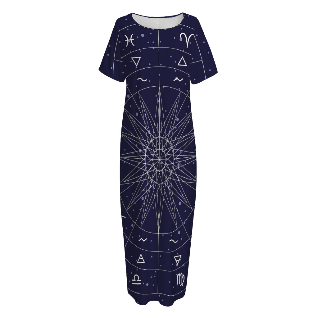 Zodiac Symbols Circle Print Short Sleeve Long Nightdress