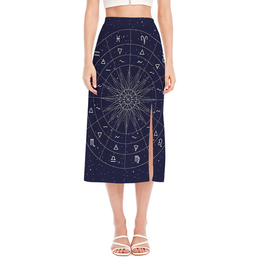 Zodiac Symbols Circle Print Side Slit Midi Skirt
