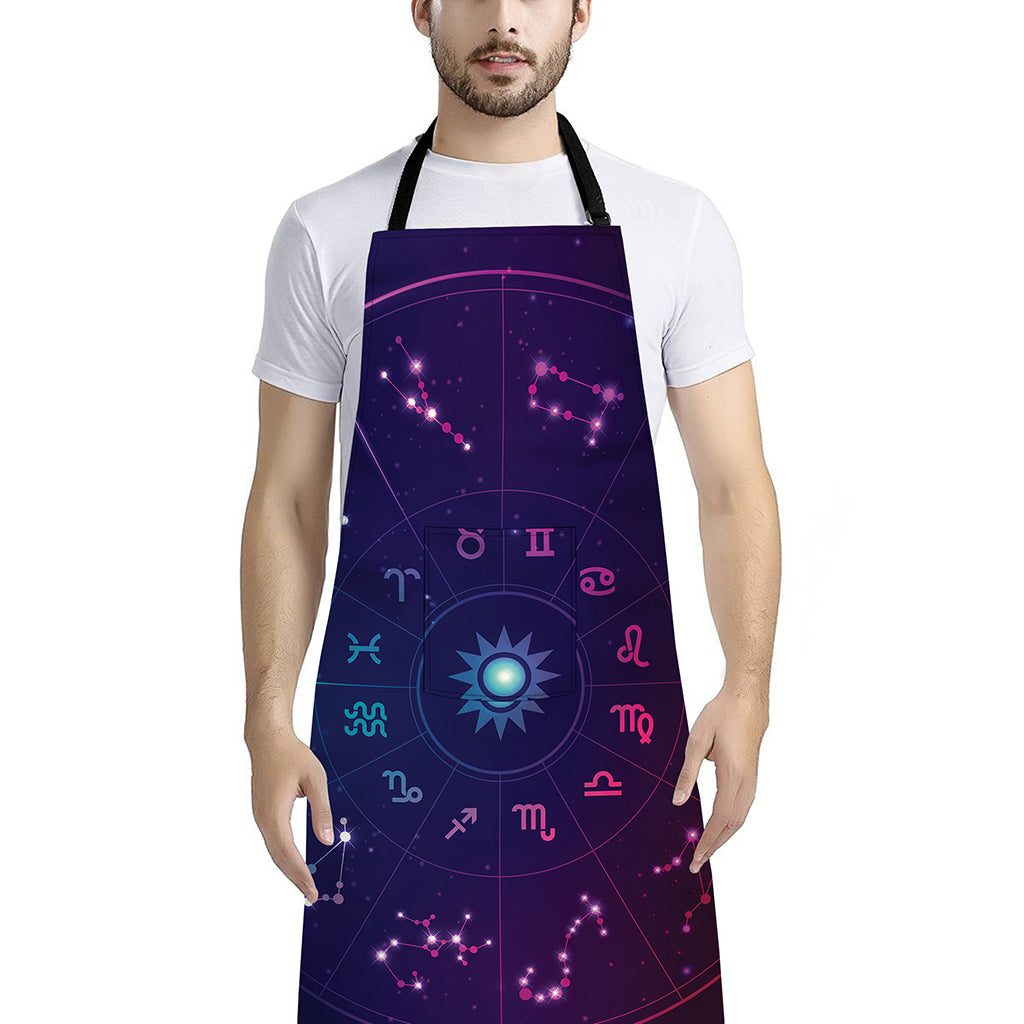 Zodiac Symbols Wheel Print Bib Apron With Pocket