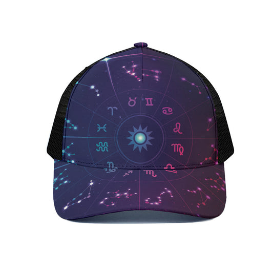 Zodiac Symbols Wheel Print Black Mesh Trucker Cap