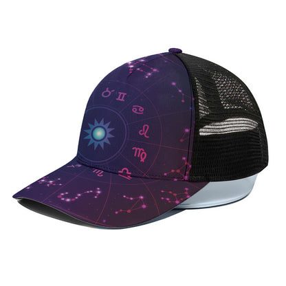 Zodiac Symbols Wheel Print Black Mesh Trucker Cap
