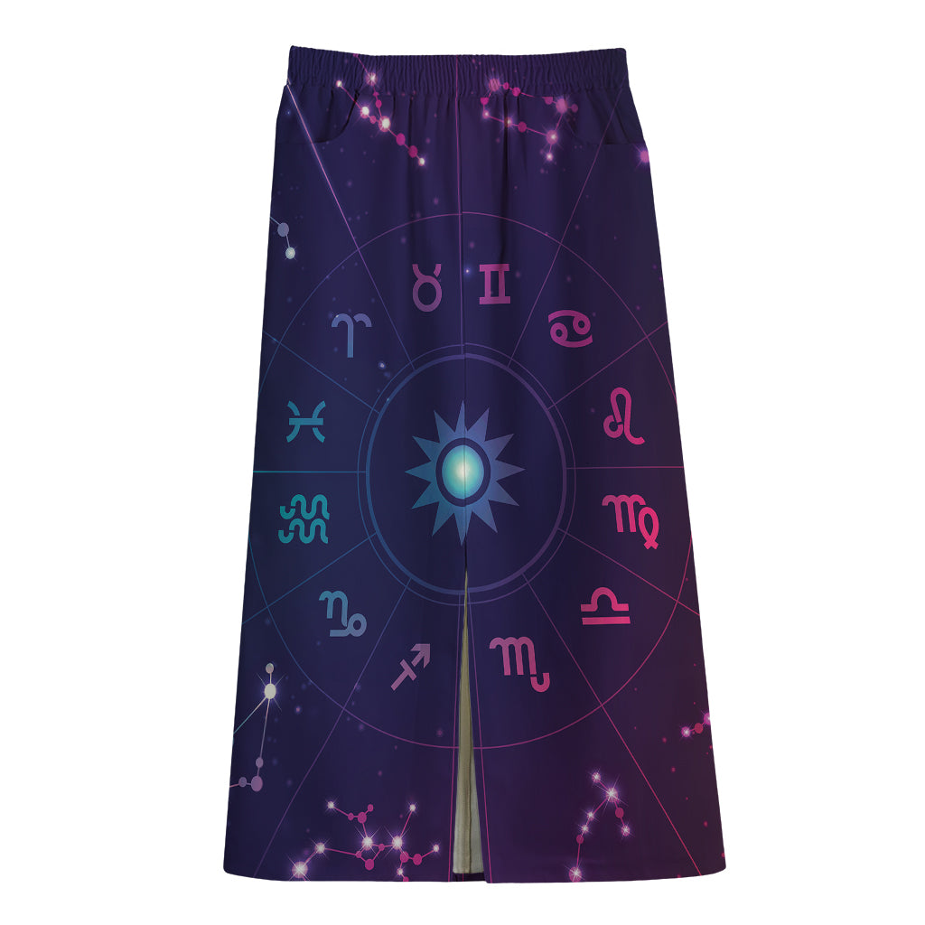 Zodiac Symbols Wheel Print Cotton Front Slit Maxi Skirt