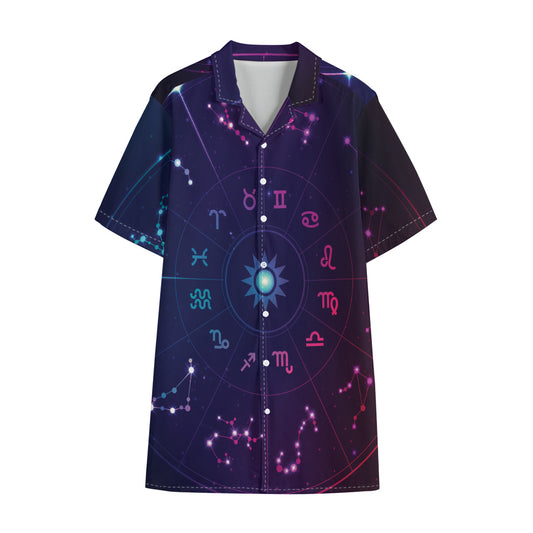 Zodiac Symbols Wheel Print Cotton Hawaiian Shirt