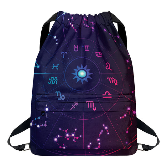 Zodiac Symbols Wheel Print Drawstring Backpack
