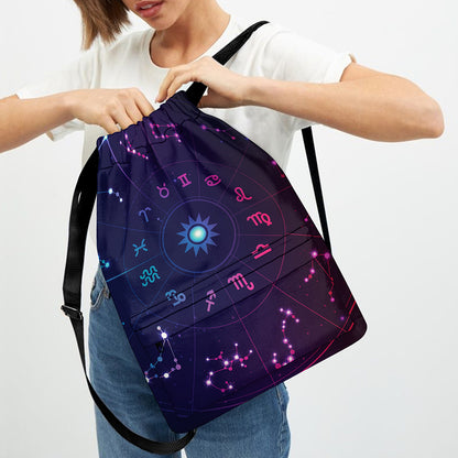 Zodiac Symbols Wheel Print Drawstring Backpack