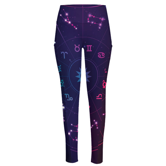 Zodiac Symbols Wheel Print High-Waisted Pocket Leggings