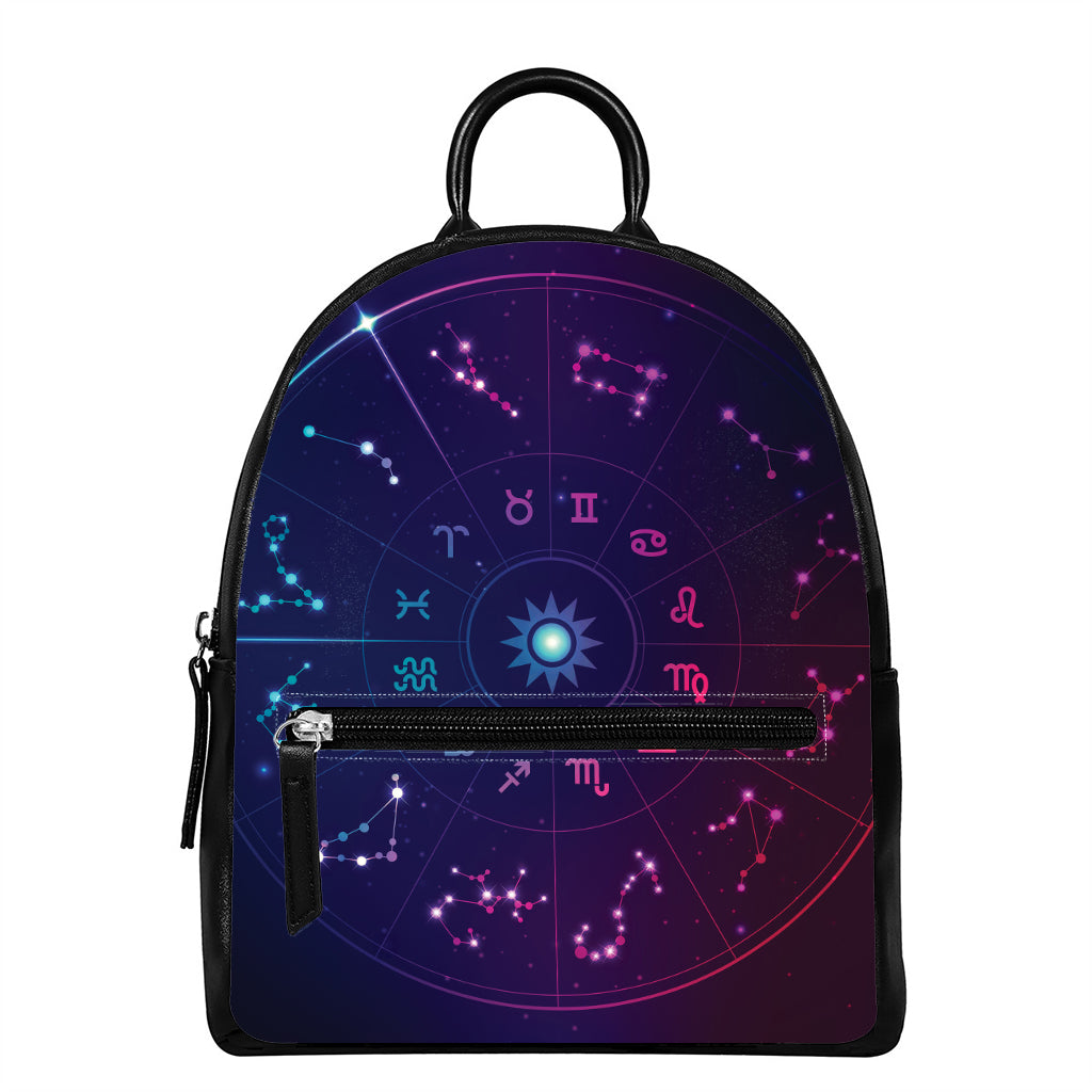 Zodiac Symbols Wheel Print Leather Backpack
