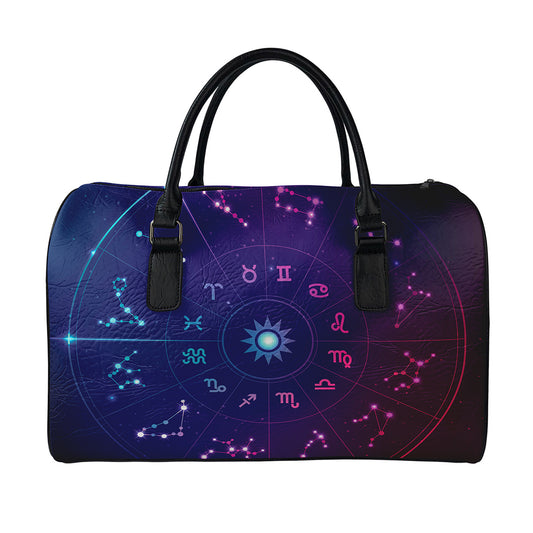 Zodiac Symbols Wheel Print Leather Duffle Bag