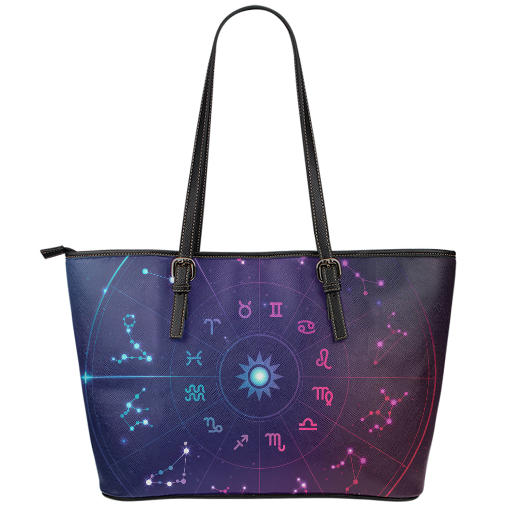 Zodiac Symbols Wheel Print Leather Tote Bag