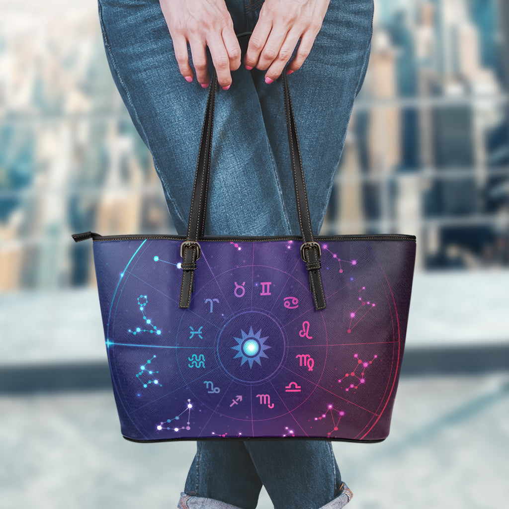 Zodiac Symbols Wheel Print Leather Tote Bag