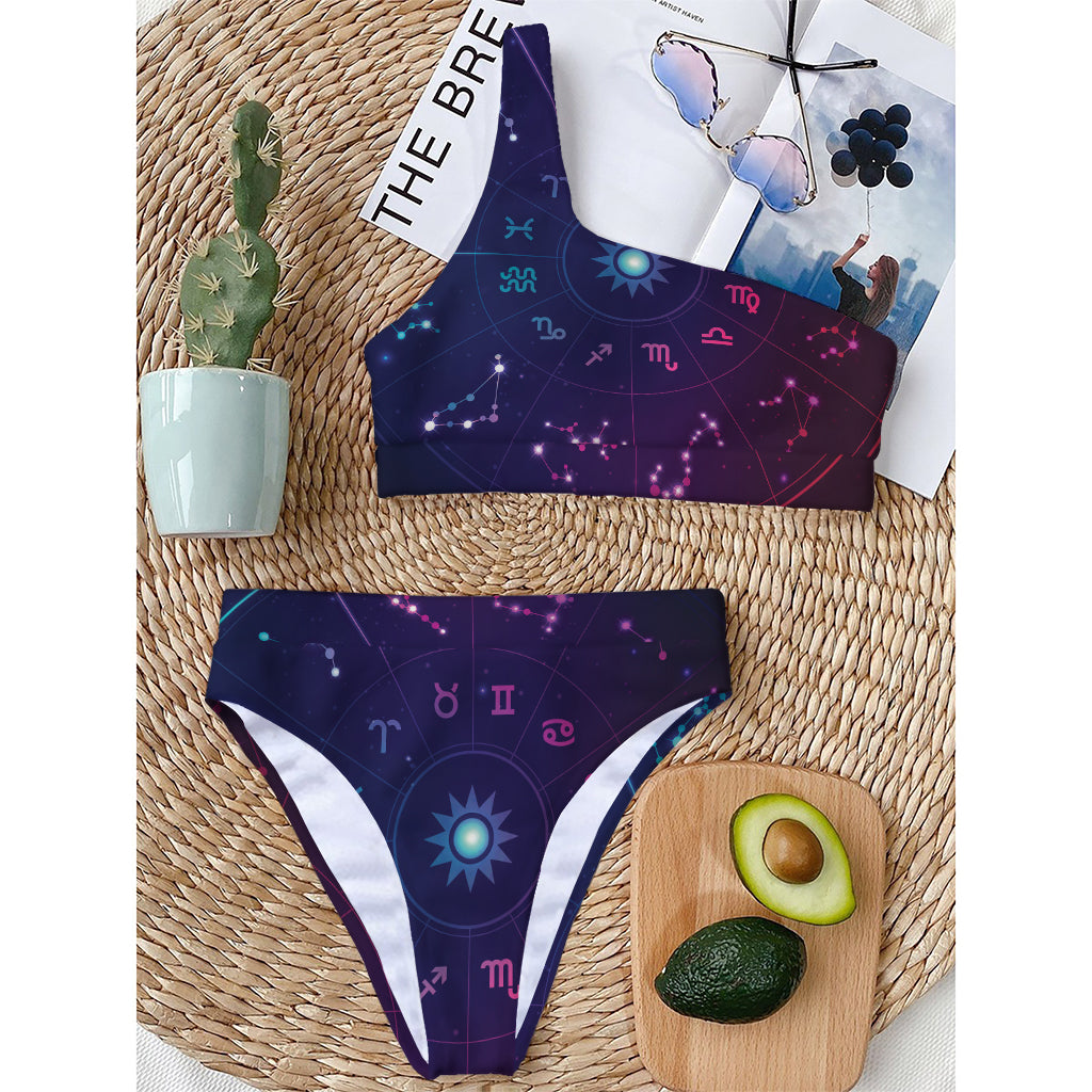 Zodiac Symbols Wheel Print One Shoulder Bikini Top