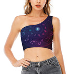 Zodiac Symbols Wheel Print One Shoulder Crop Top
