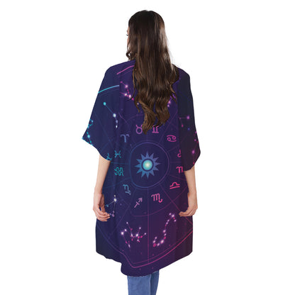 Zodiac Symbols Wheel Print Open Front Beach Cover Up
