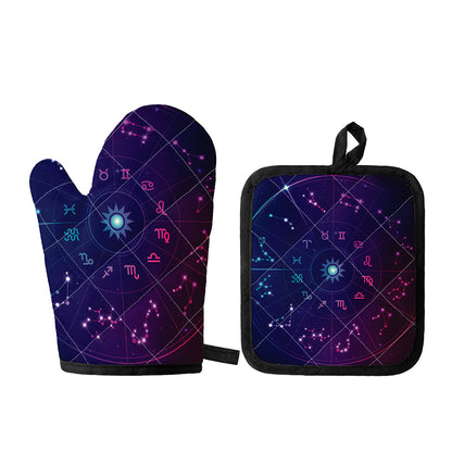 Zodiac Symbols Wheel Print Oven Mitt And Pot Holder Set