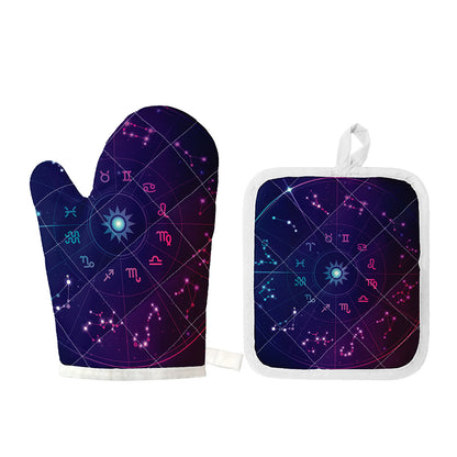 Zodiac Symbols Wheel Print Oven Mitt And Pot Holder Set