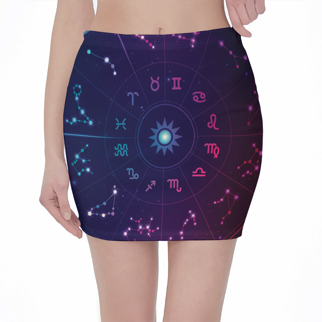 Zodiac Symbols Wheel Print Pencil Mini Skirt
