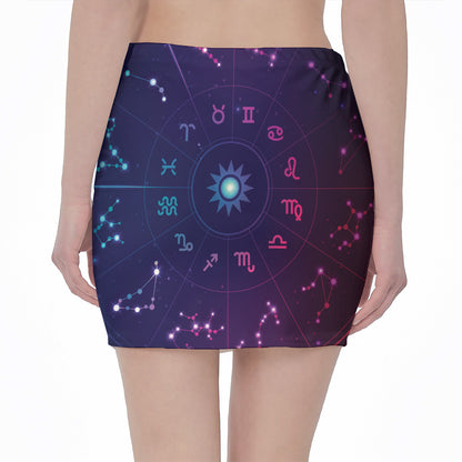 Zodiac Symbols Wheel Print Pencil Mini Skirt