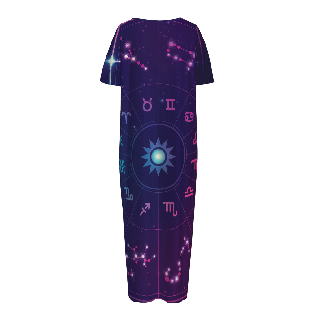 Zodiac Symbols Wheel Print Short Sleeve Long Nightdress