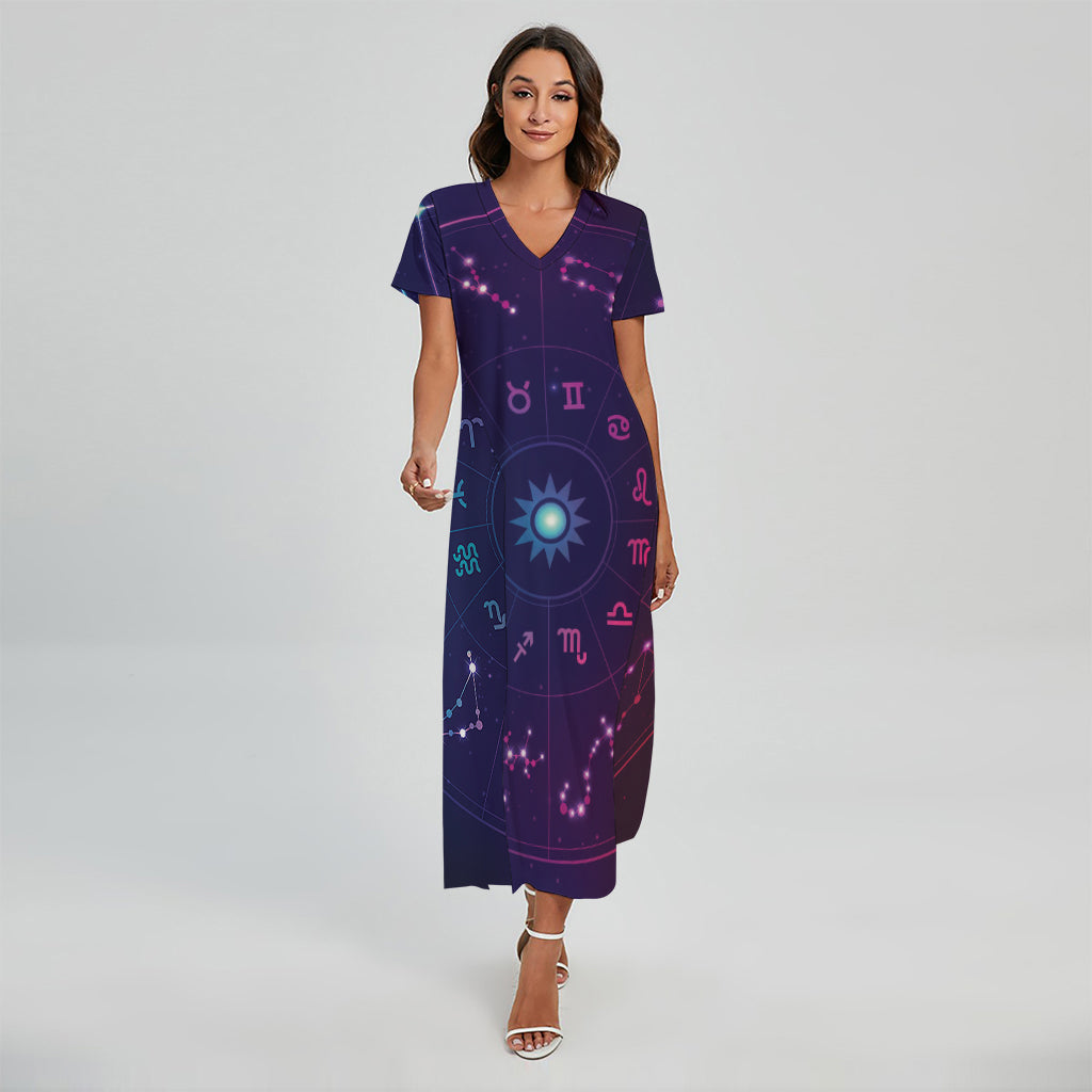 Zodiac Symbols Wheel Print Short Sleeve Maxi Dress