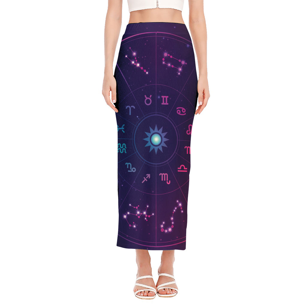 Zodiac Symbols Wheel Print Side Slit Maxi Skirt
