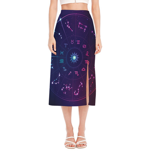 Zodiac Symbols Wheel Print Side Slit Midi Skirt