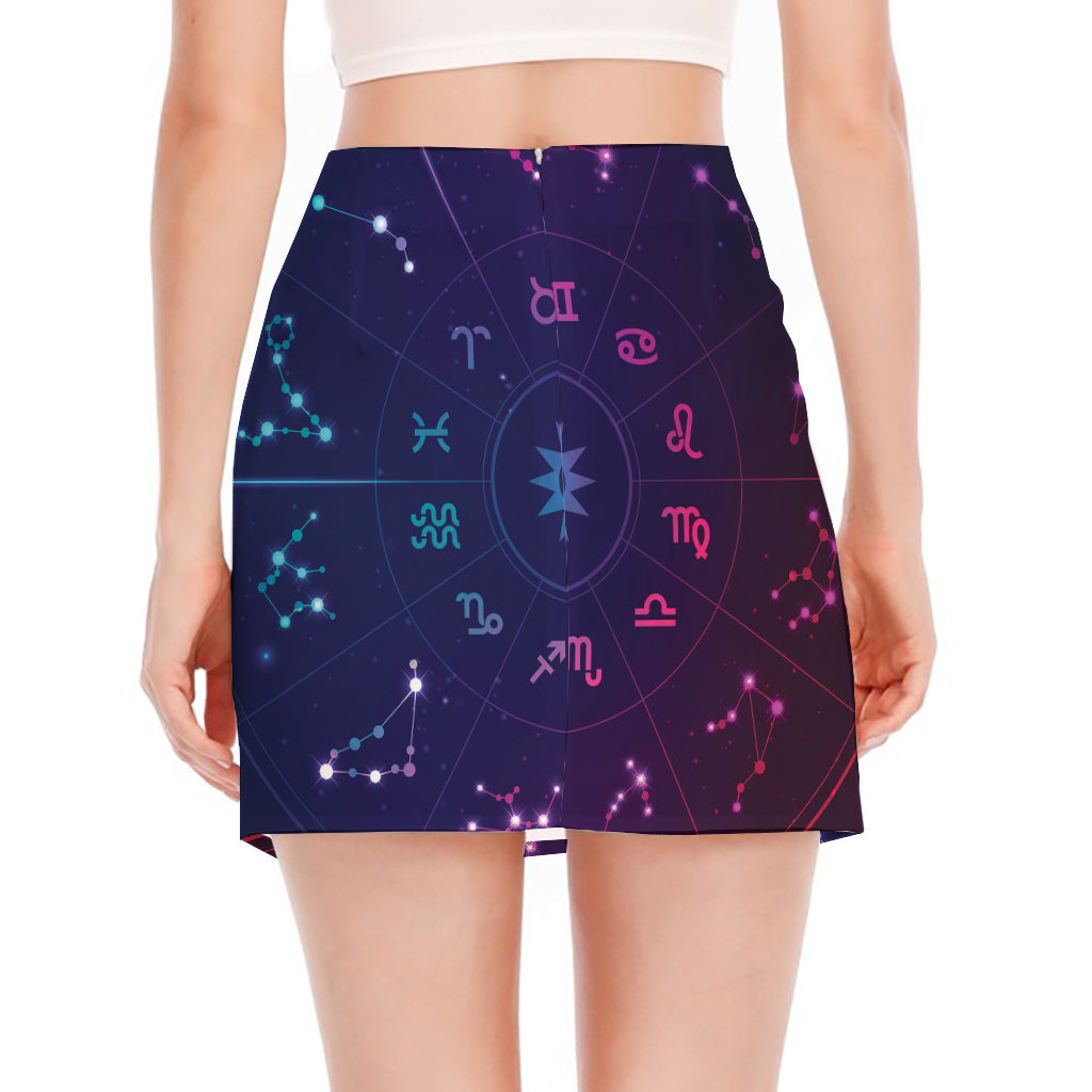 Zodiac Symbols Wheel Print Side Slit Mini Skirt