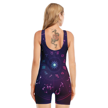Zodiac Symbols Wheel Print Sleeveless One Piece Swimsuit