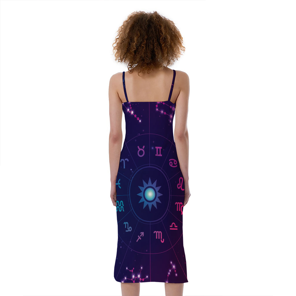 Zodiac Symbols Wheel Print Slim Fit Midi Cami Dress