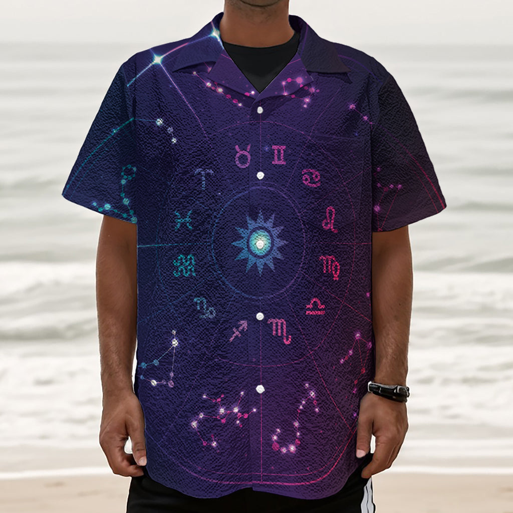 Zodiac Symbols Wheel Print Textured Short Sleeve Shirt