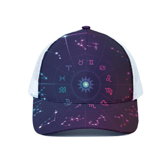 Zodiac Symbols Wheel Print White Mesh Trucker Cap